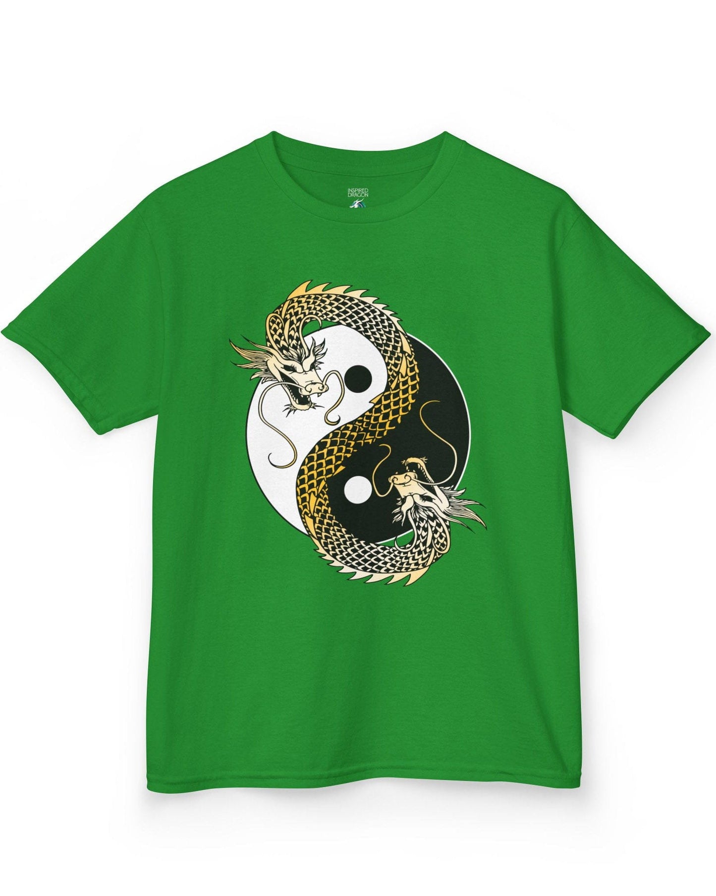 Eternal Balance shirt in Irish green featuring a gold and black dragon coiled around a yin yang symbol