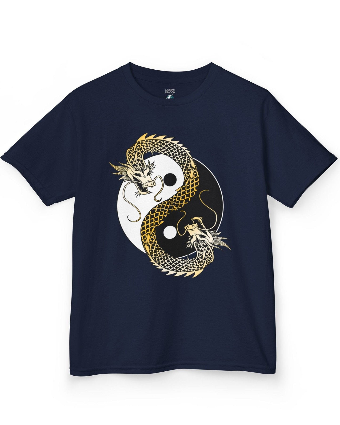 Eternal Balance shirt in navy featuring a gold and black dragon coiled around a yin yang symbol