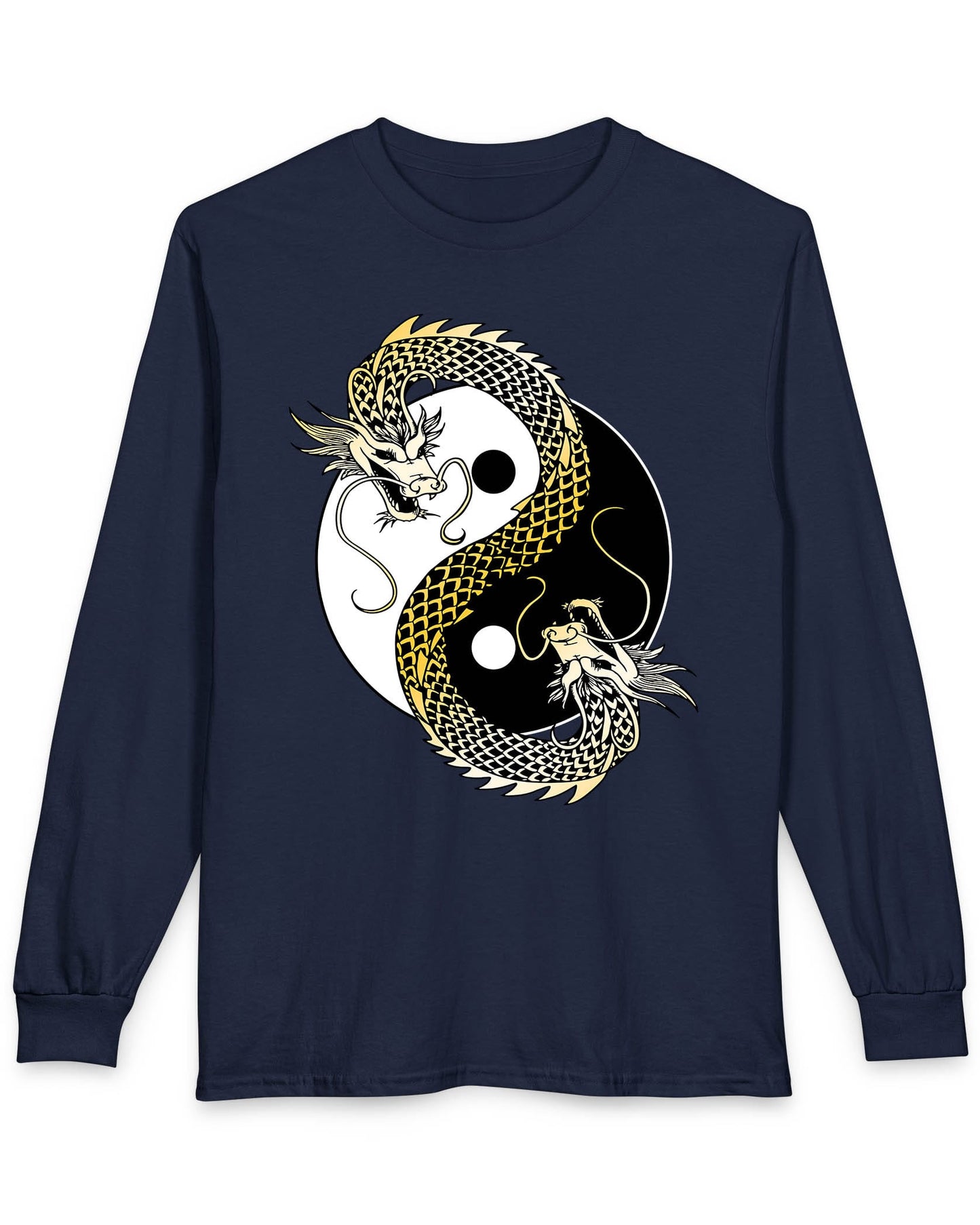 Eternal Balance shirt in navy featuring a gold and black dragon coiled around a yin yang symbol