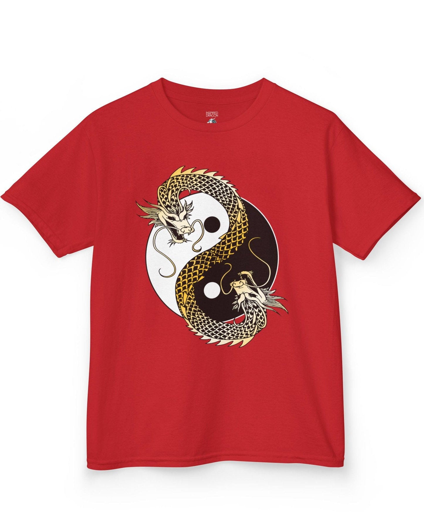 Eternal Balance shirt in red featuring a gold and black dragon coiled around a yin yang symbol