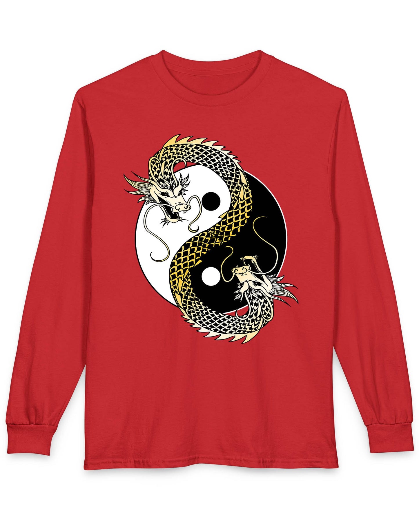 Eternal Balance shirt in red featuring a gold and black dragon coiled around a yin yang symbol
