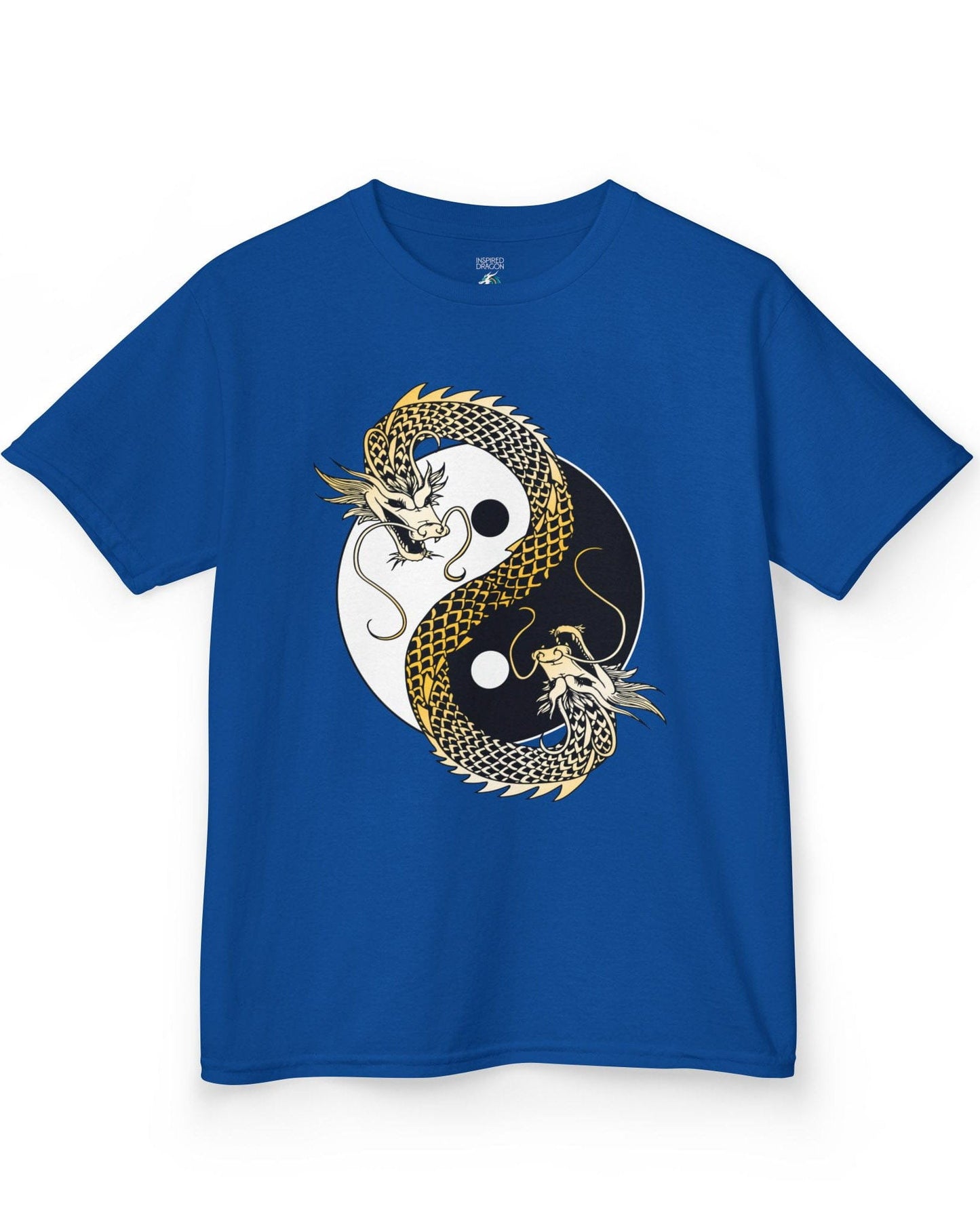 Eternal Balance shirt in royal blue featuring a gold and black dragon coiled around a yin yang symbol