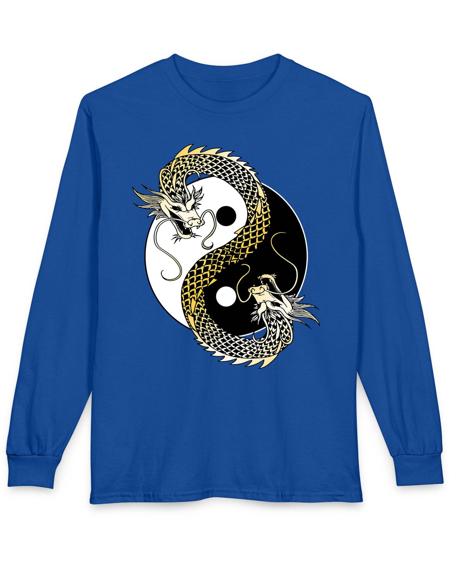 Eternal Balance shirt in royal blue featuring a gold and black dragon coiled around a yin yang symbol