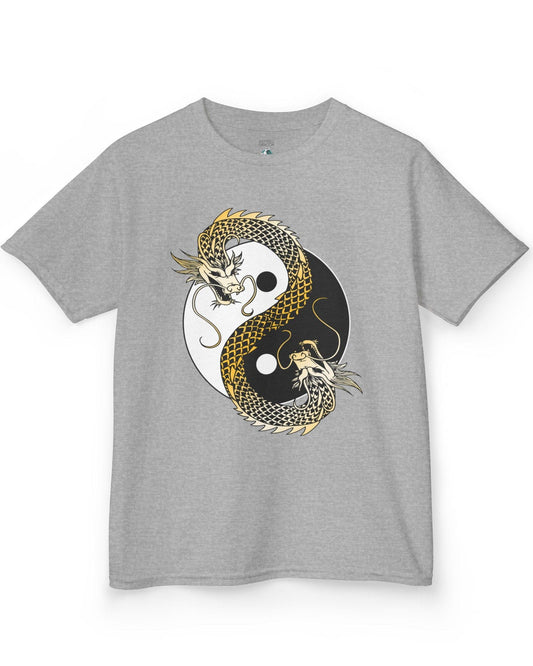 Eternal Balance shirt in sport grey featuring a gold and black dragon coiled around a yin yang symbol