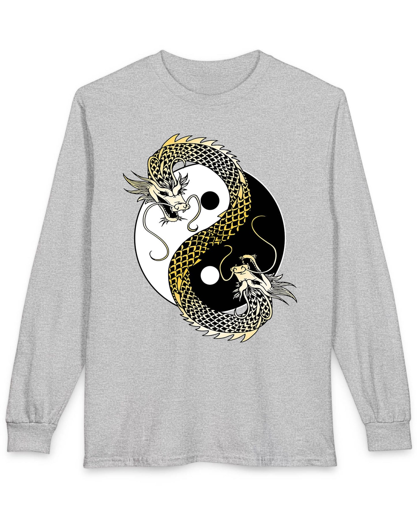 Eternal Balance shirt in sport grey featuring a gold and black dragon coiled around a yin yang symbol