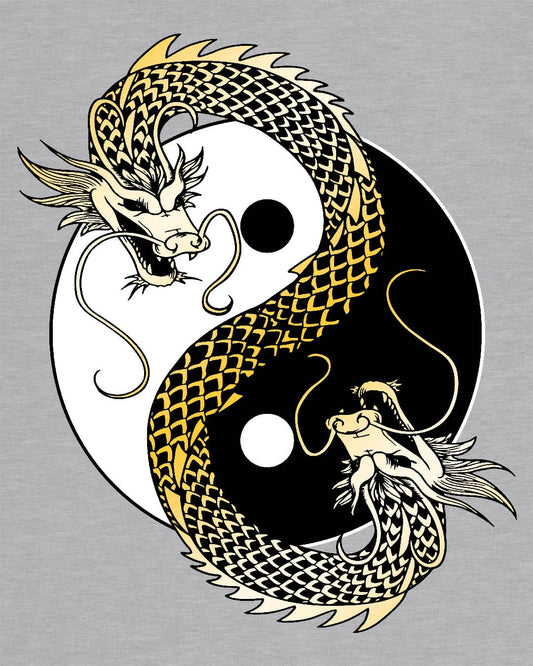 Eternal Balance shirt in sport grey featuring a gold and black dragon coiled around a yin yang symbol.