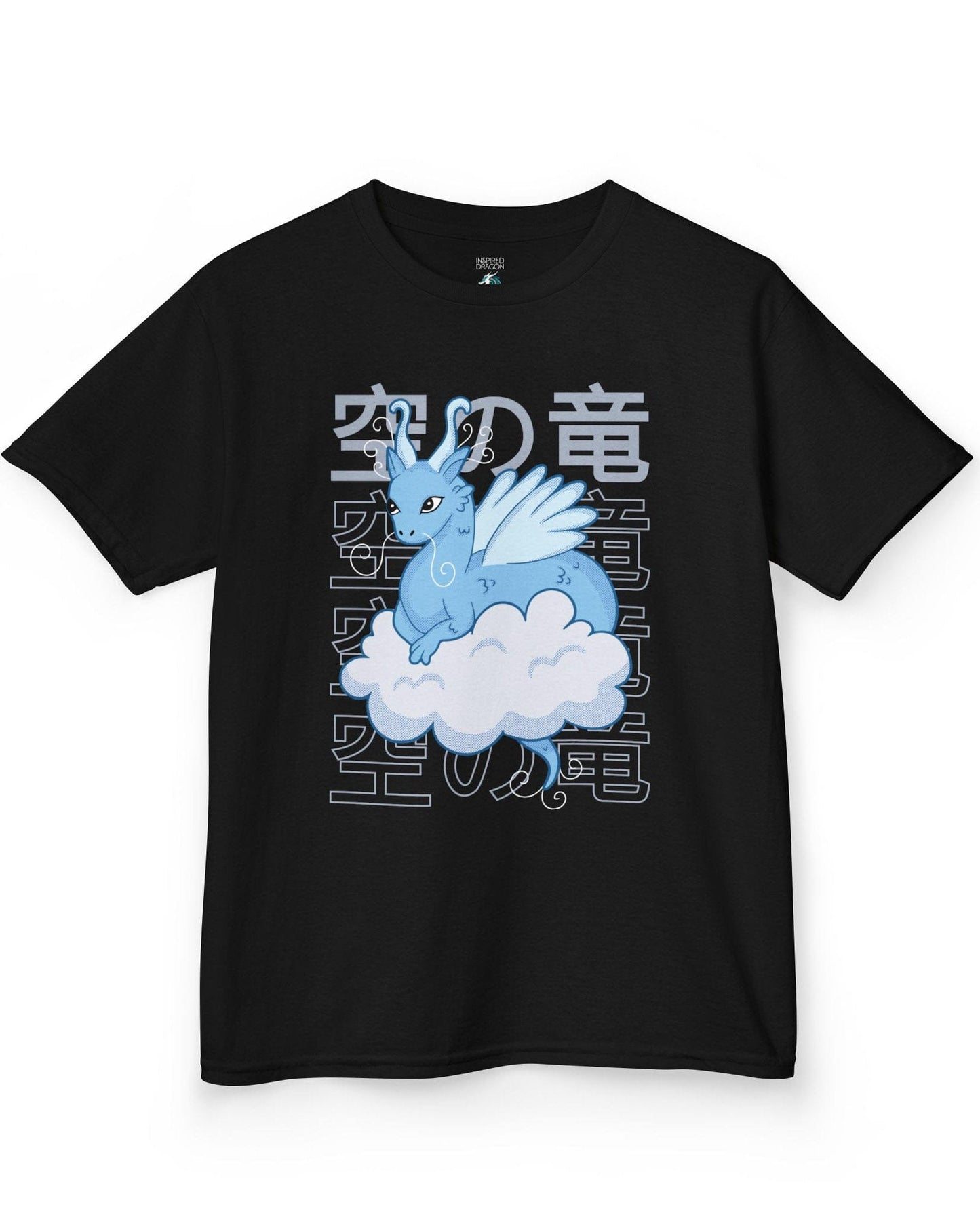 Whimsical Sky Dragon shirt in black featuring a cute blue dragon on a cloud in front of stylized Japanese text