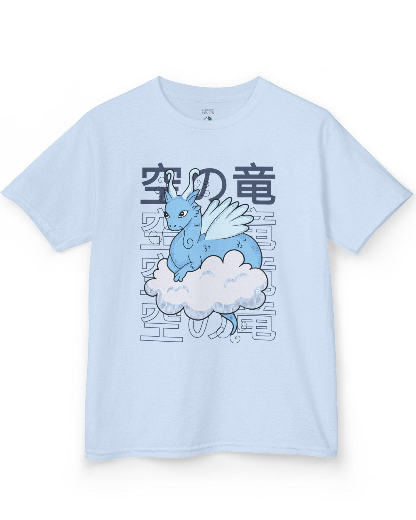 Whimsical Sky Dragon shirt in light blue featuring a cute blue dragon on a cloud in front of stylized Japanese text