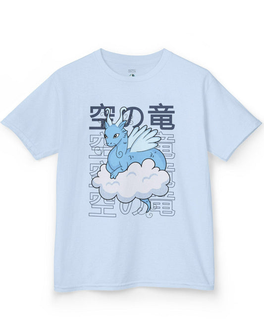 Whimsical Sky Dragon shirt in light blue featuring a cute blue dragon on a cloud in front of stylized Japanese text