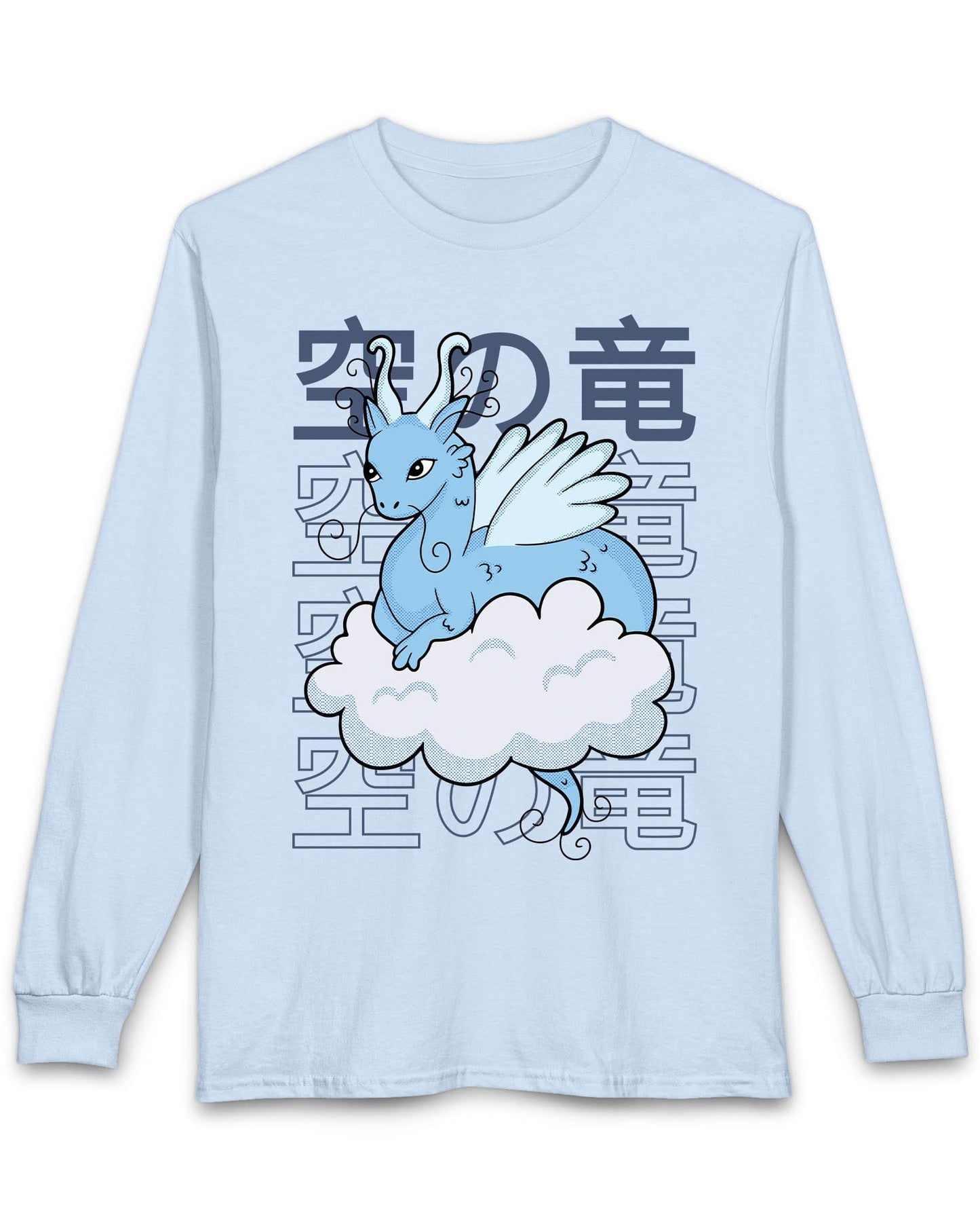 Whimsical Sky Dragon shirt in light blue featuring a cute blue dragon on a cloud in front of stylized Japanese text
