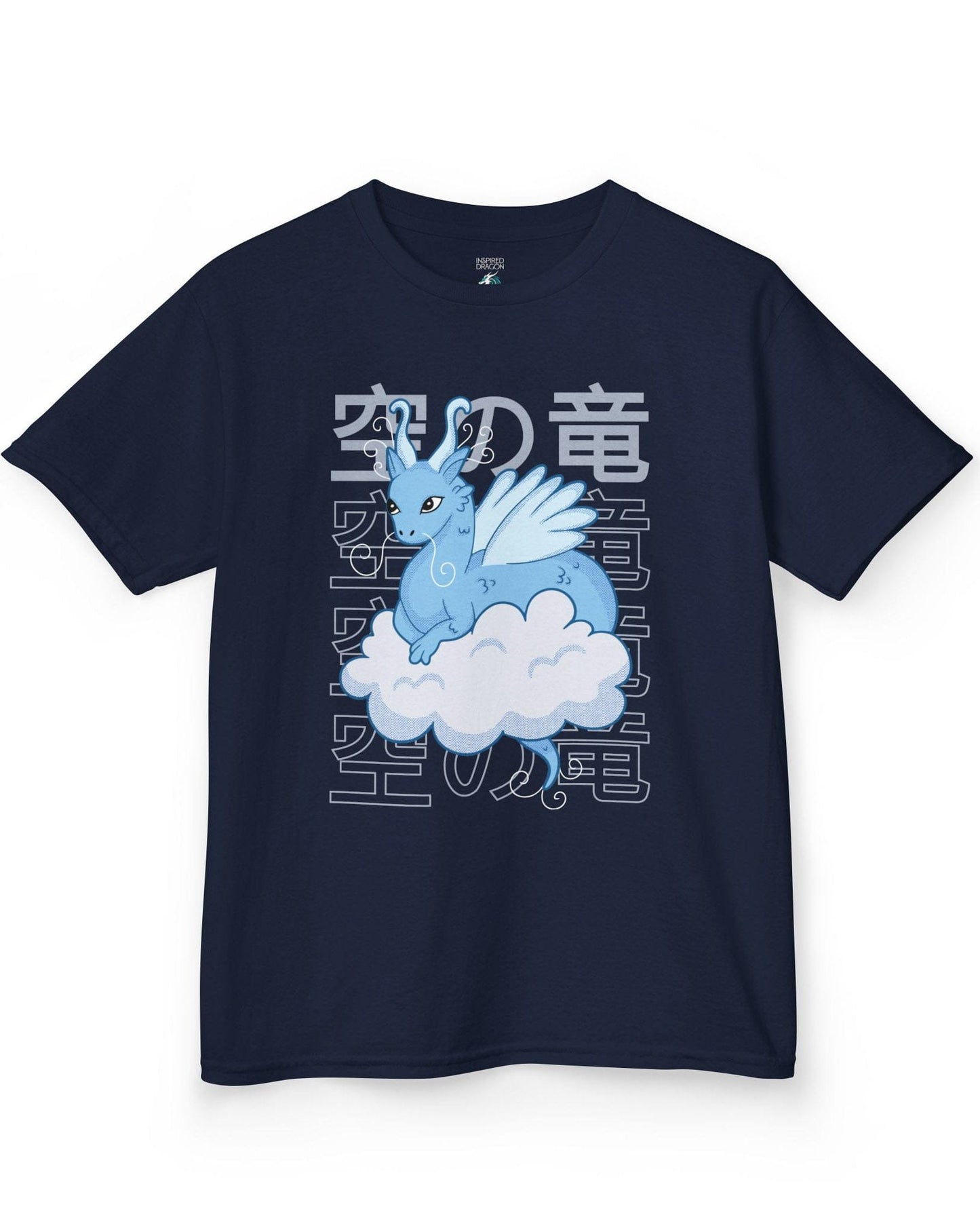 Whimsical Sky Dragon shirt in navy featuring a cute blue dragon on a cloud in front of stylized Japanese text