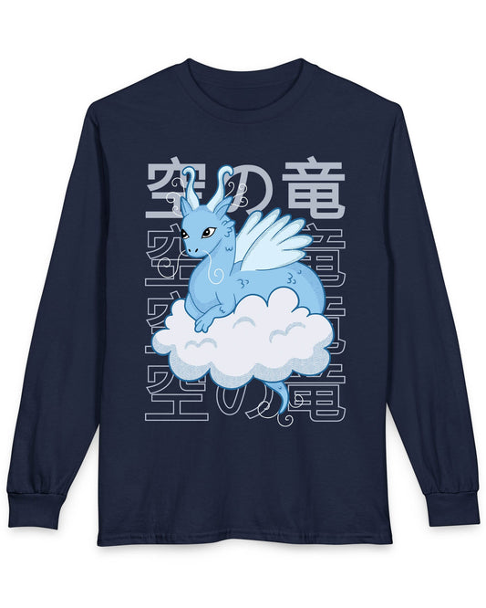 Whimsical Sky Dragon shirt in navy featuring a cute blue dragon on a cloud in front of stylized Japanese text