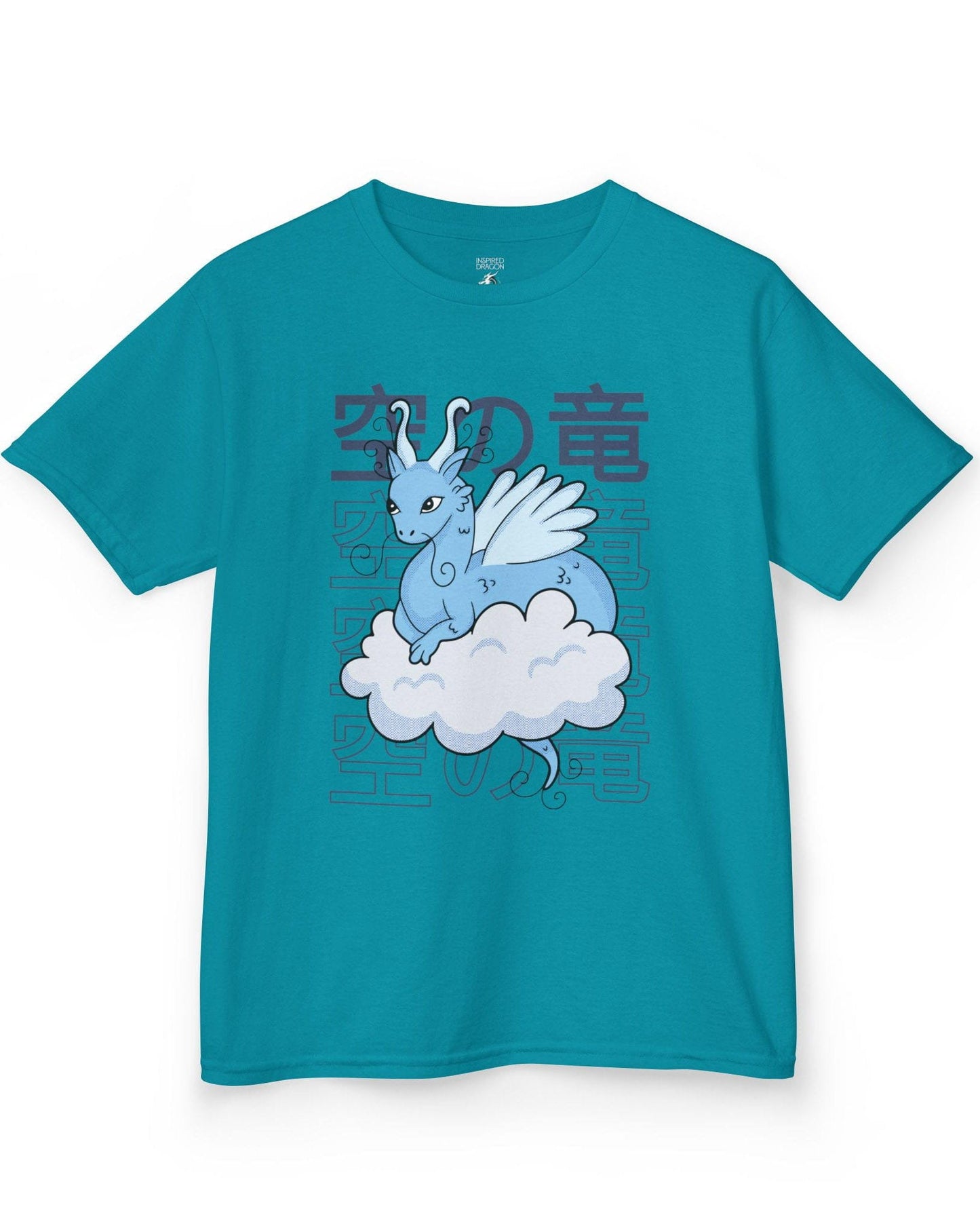 Whimsical Sky Dragon shirt in tropical blue featuring a cute blue dragon on a cloud in front of stylized Japanese text