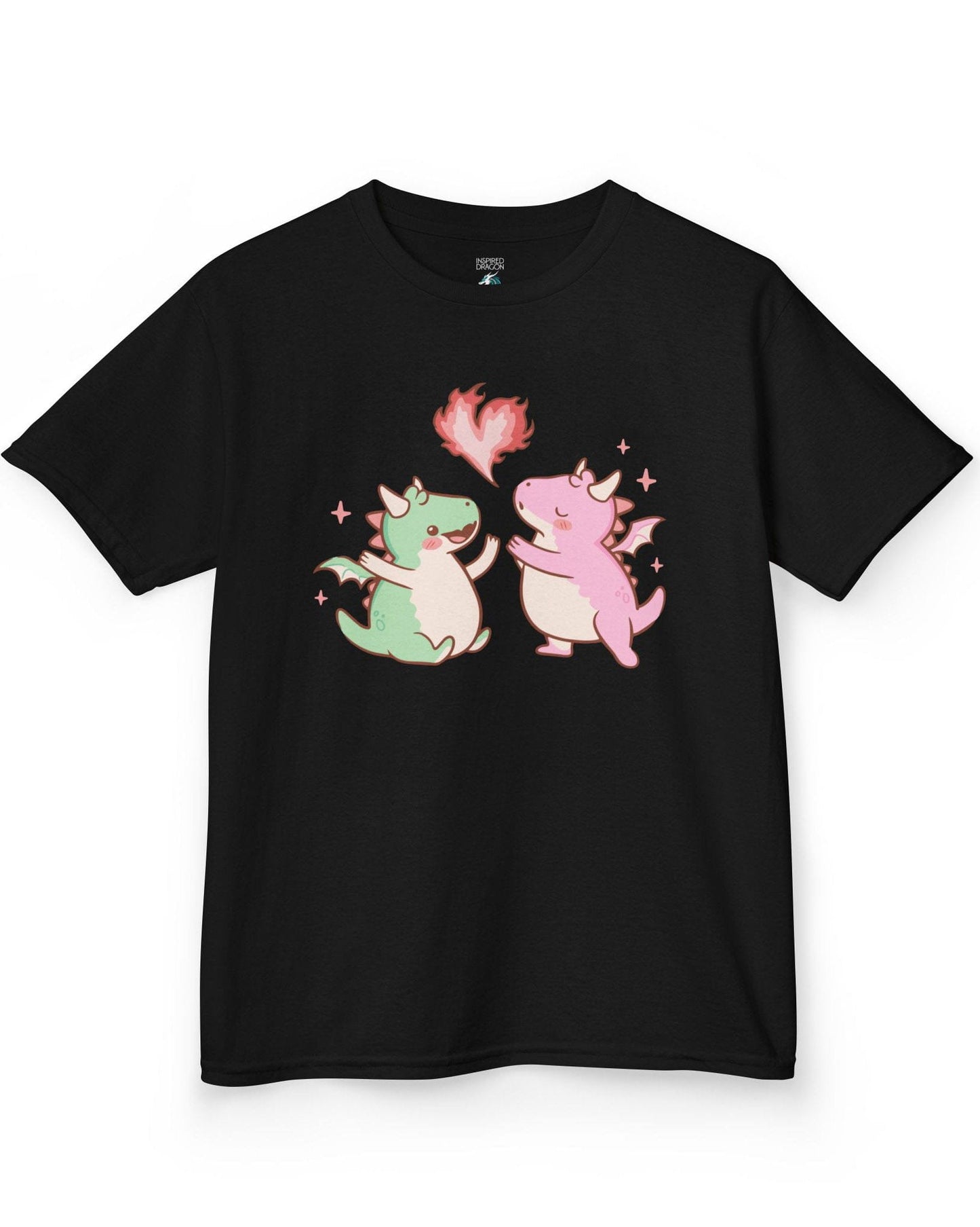 Love at First Flame shirt in black, featuring two cute dragons exchanging a heart-shaped flame.
