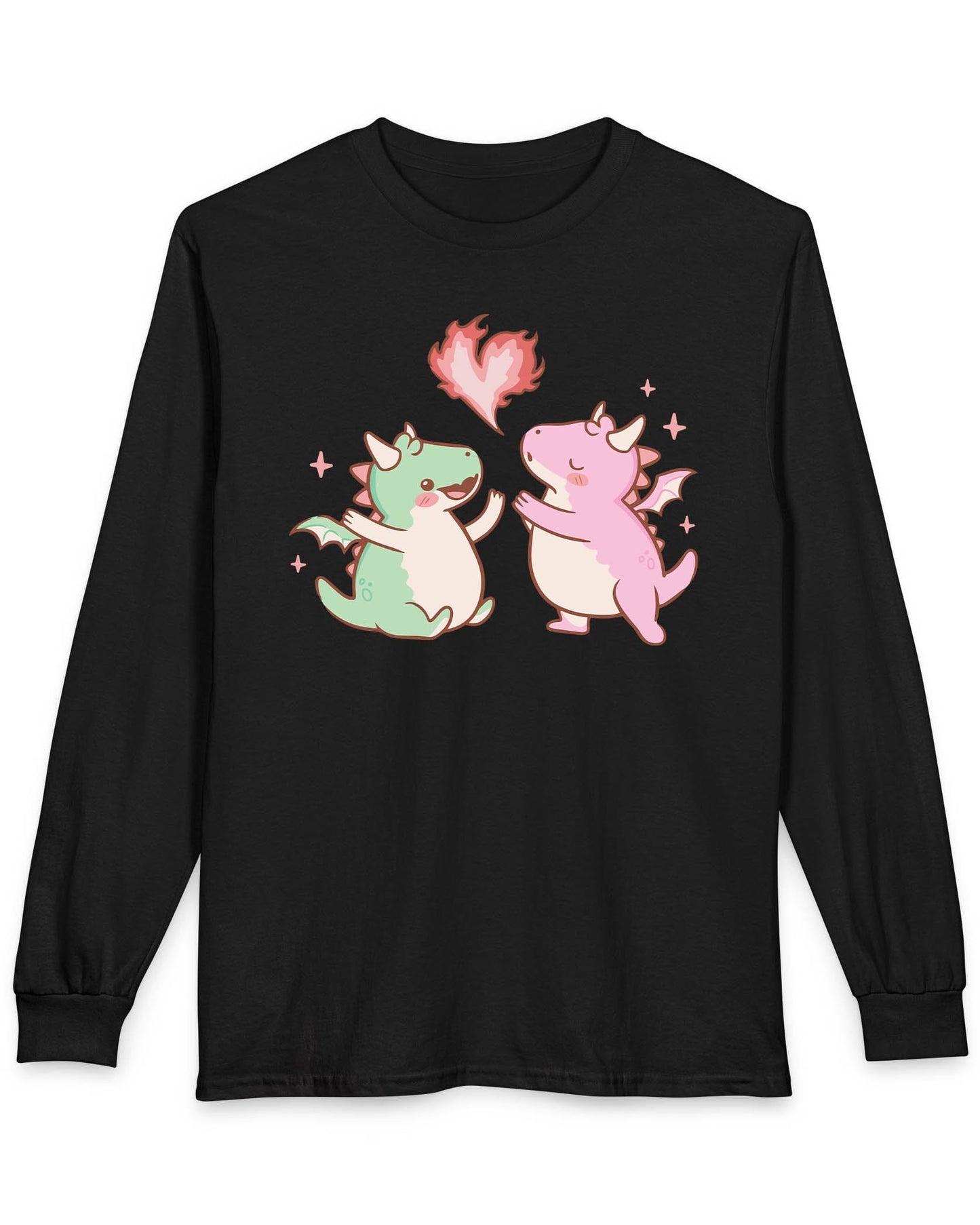 Love at First Flame shirt in black, featuring two cute dragons exchanging a heart-shaped flame.