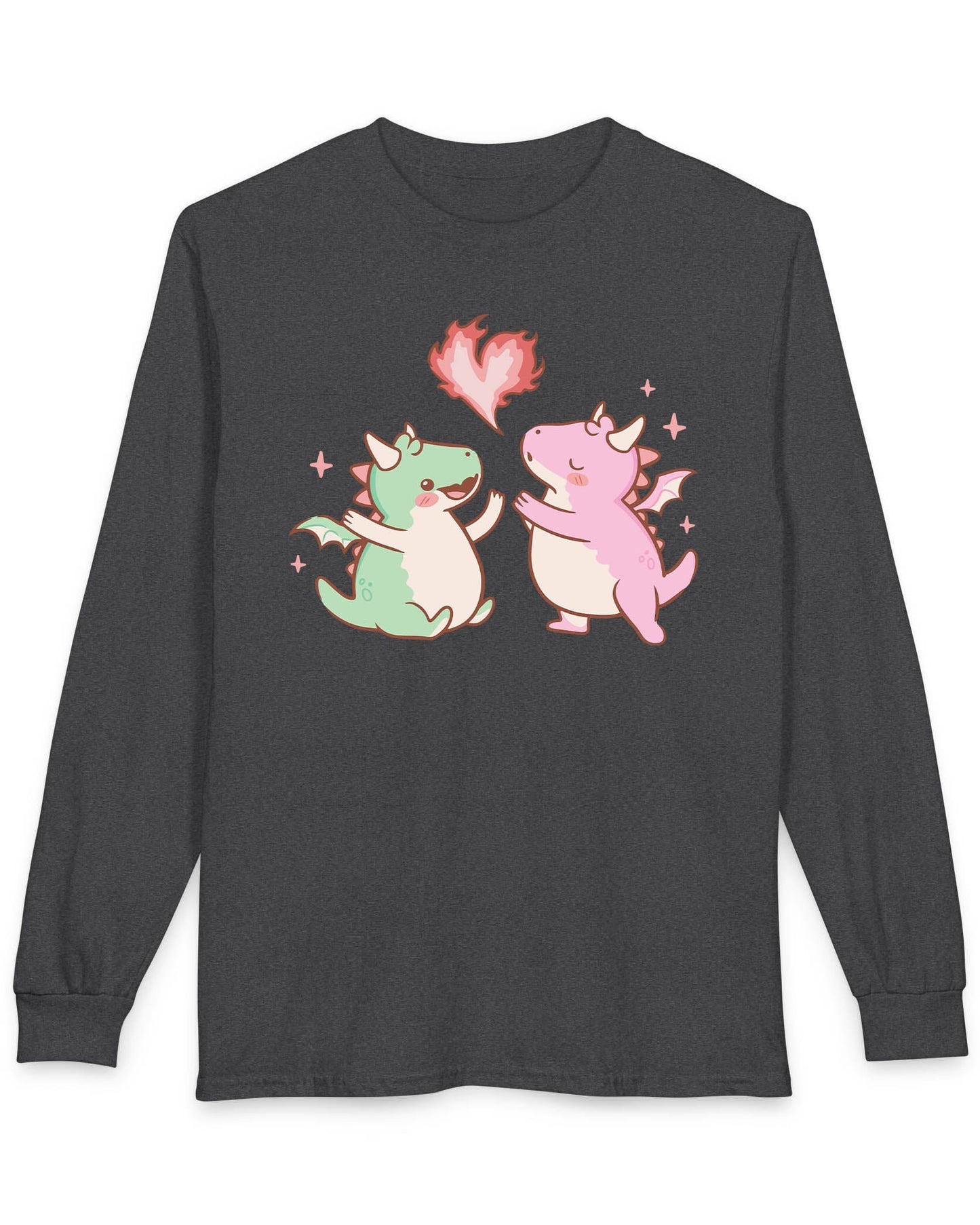 Love at First Flame shirt in dark heather grey, featuring two cute dragons exchanging a heart-shaped flame.