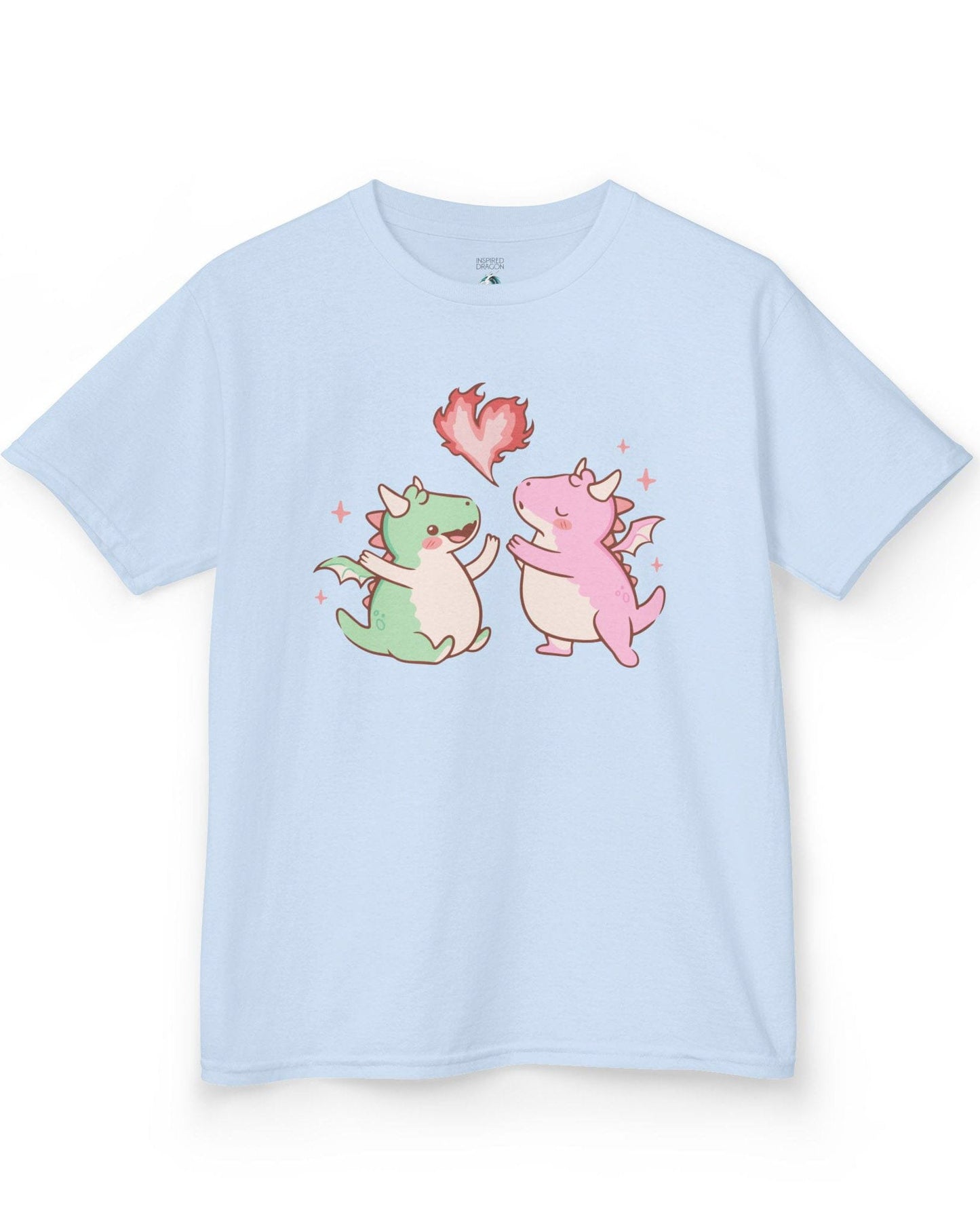 Love at First Flame shirt in light blue, featuring two cute dragons exchanging a heart-shaped flame.