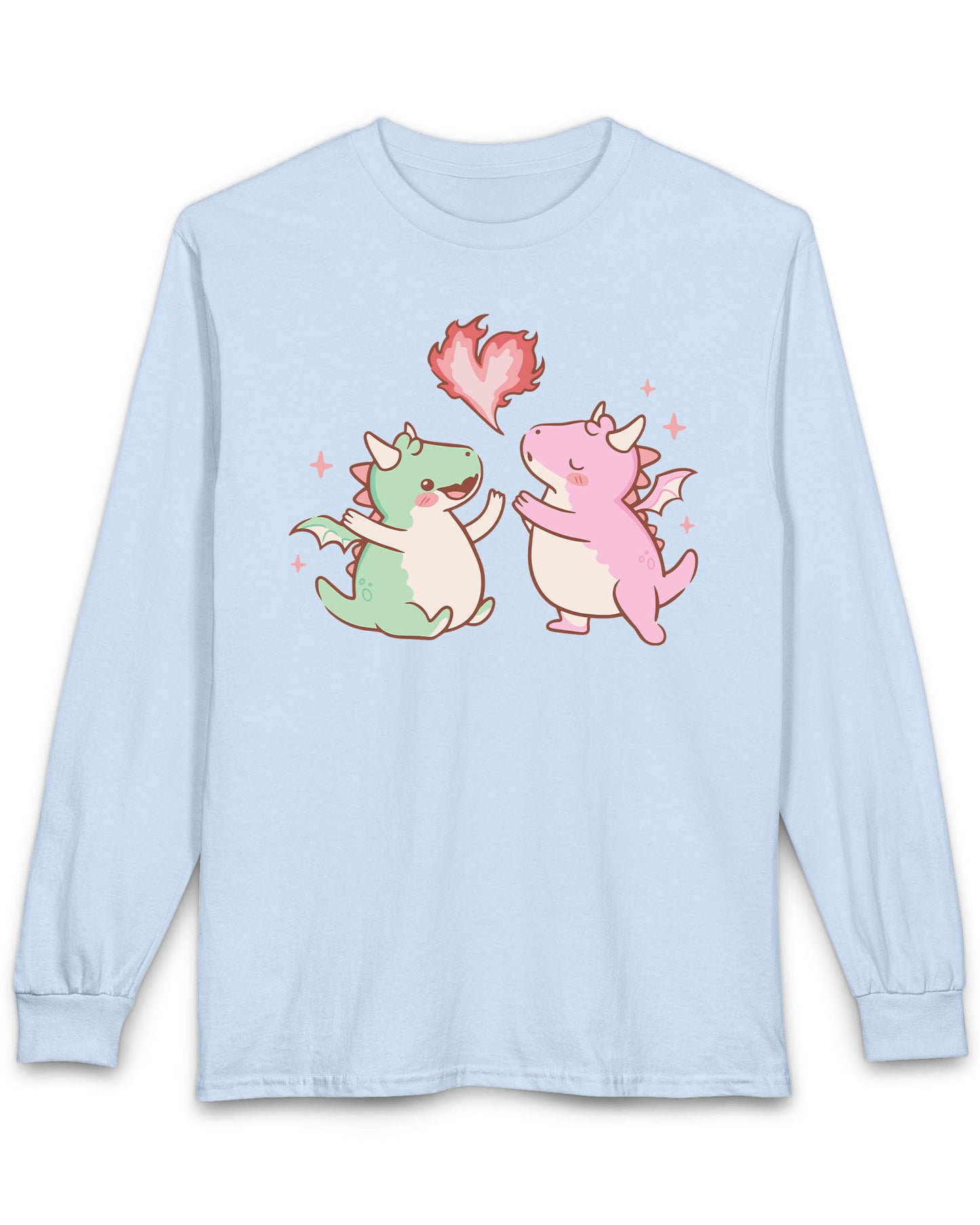 Love at First Flame shirt in light blue, featuring two cute dragons exchanging a heart-shaped flame.