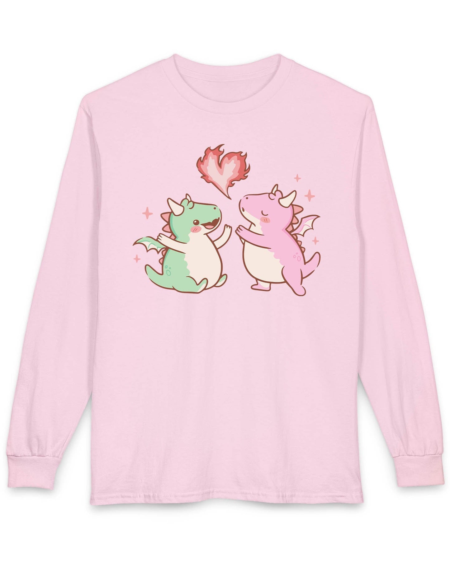 Love at First Flame shirt in light pink, featuring two cute dragons exchanging a heart-shaped flame.