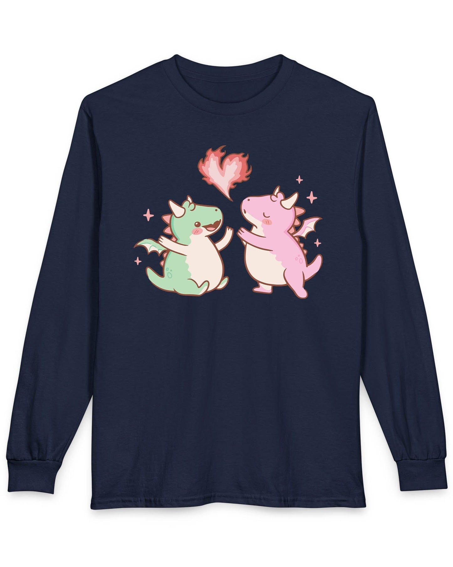 Love at First Flame shirt in navy, featuring two cute dragons exchanging a heart-shaped flame.