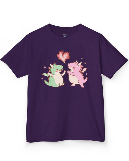 Love at First Flame shirt in purple, featuring two cute dragons exchanging a heart-shaped flame.