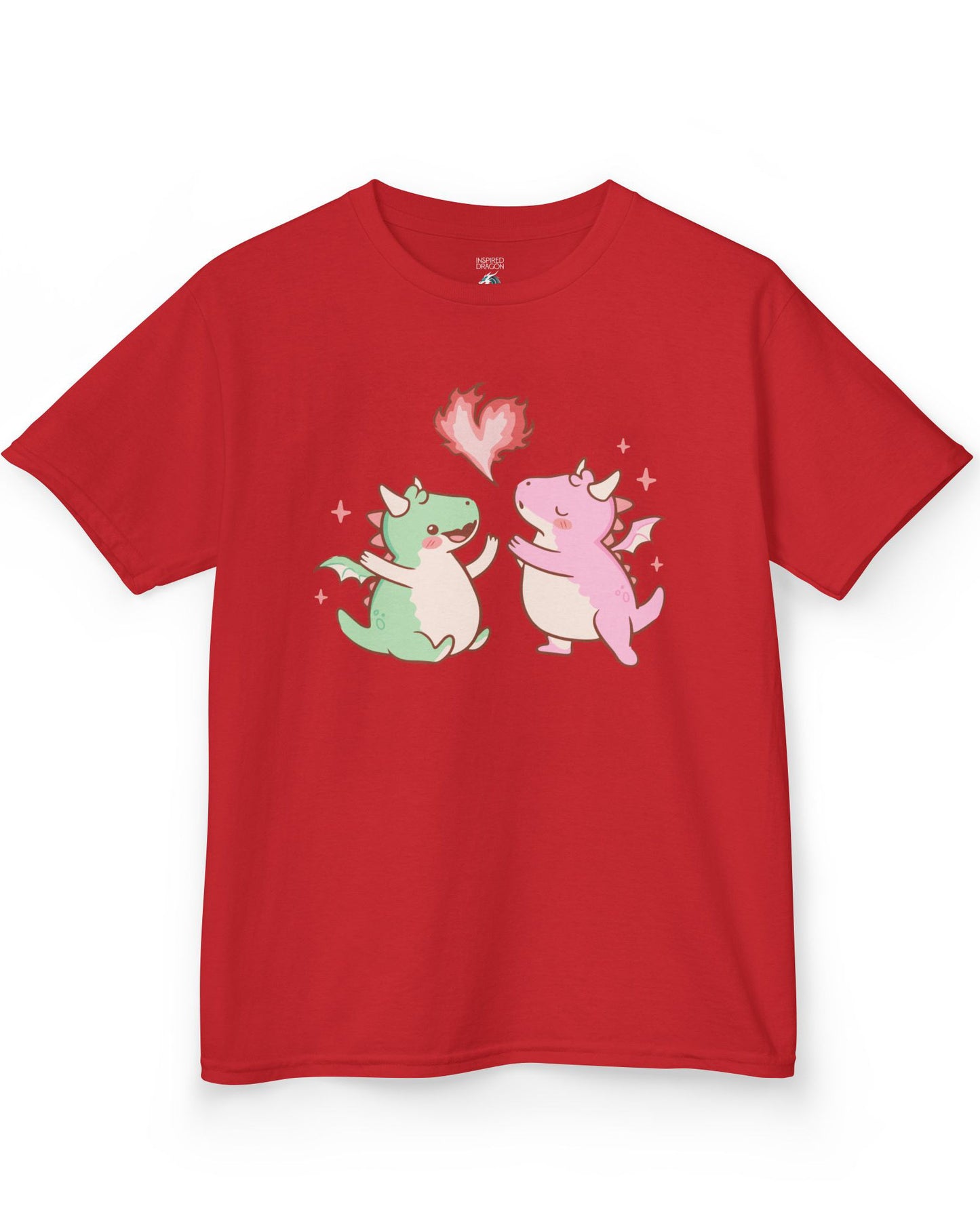 Love at First Flame shirt in red, featuring two cute dragons exchanging a heart-shaped flame.