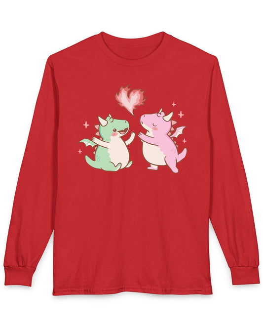 Love at First Flame shirt in red, featuring two cute dragons exchanging a heart-shaped flame.
