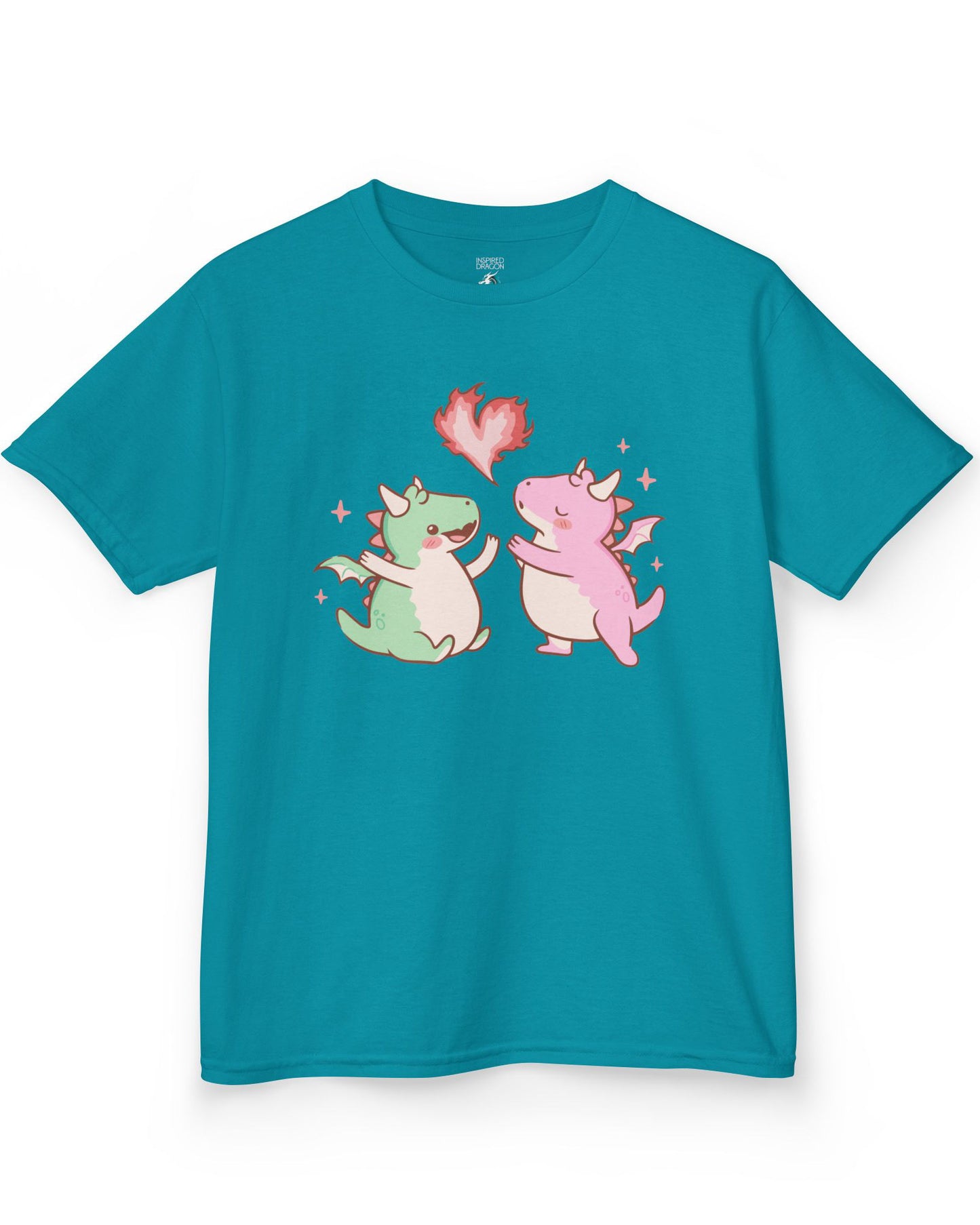 Love at First Flame shirt in tropical blue, featuring two cute dragons exchanging a heart-shaped flame.