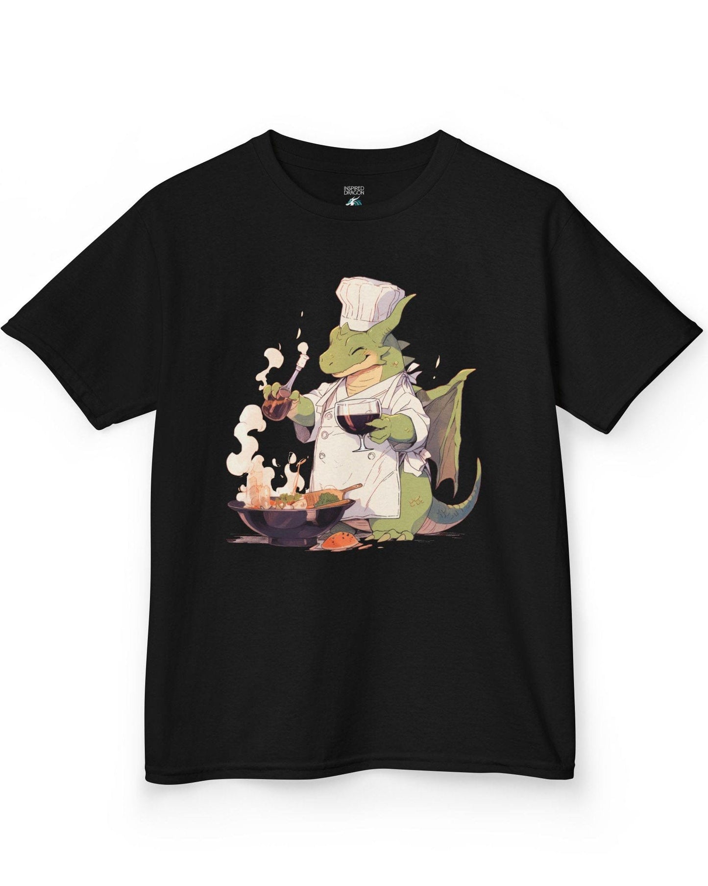 Culinary Magic shirt in black featuring a happy dragon chef cooking with wine, wearing a white apron and hat