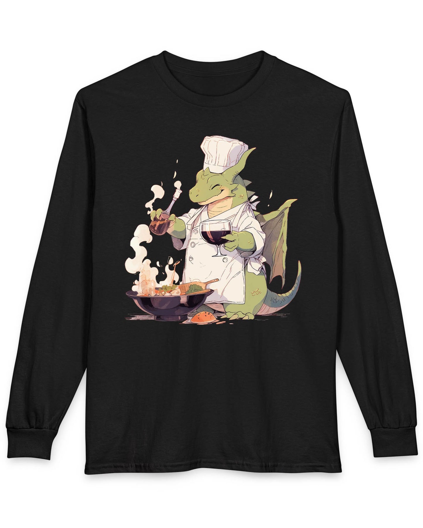 Culinary Magic shirt in black featuring a happy dragon chef cooking with wine, wearing a white apron and hat