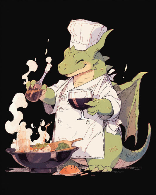 Culinary Magic shirt in black featuring a happy dragon chef cooking with wine, wearing a white apron and hat.