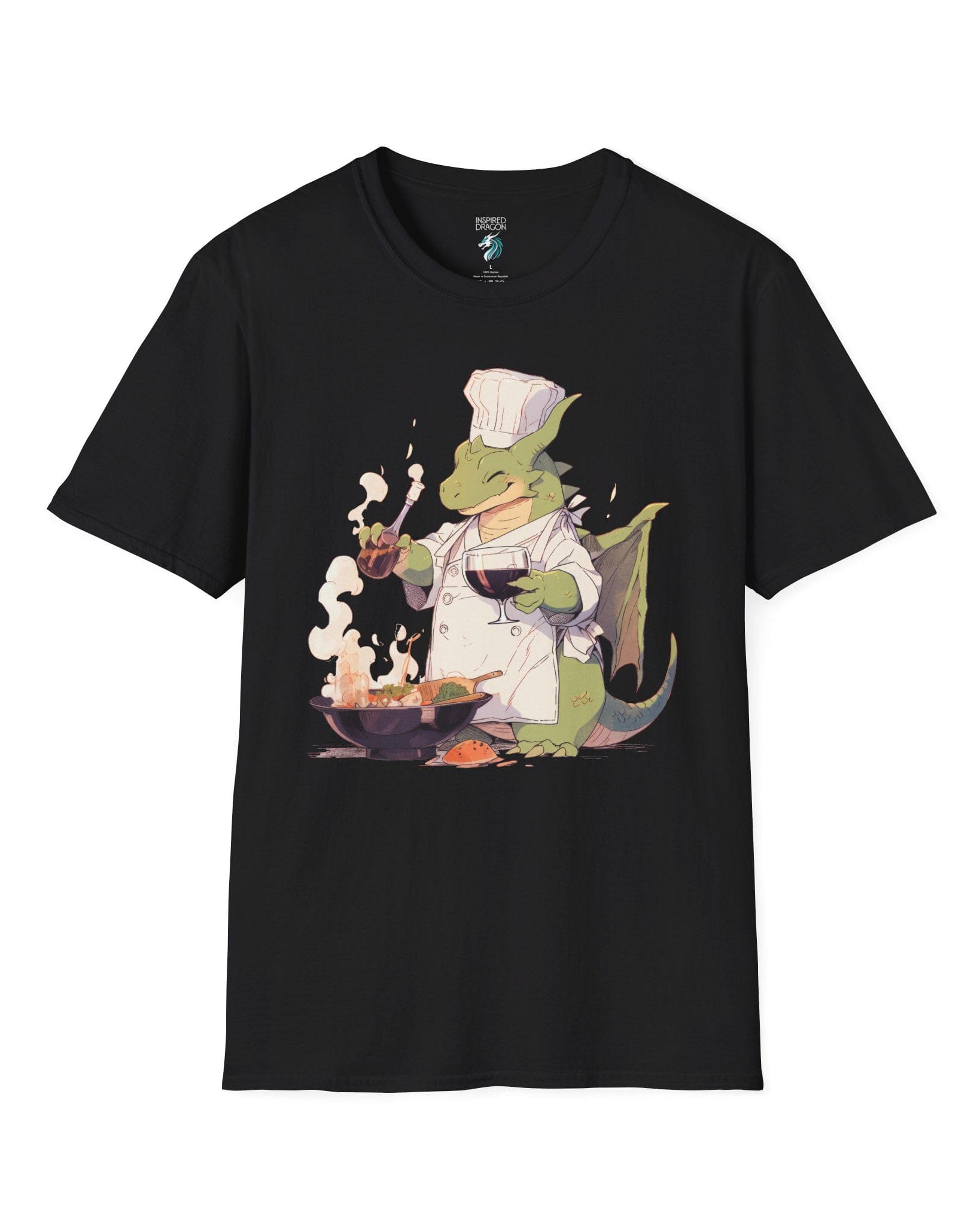 Culinary Magic shirt in black featuring a happy dragon chef cooking with wine, wearing a white apron and hat.
