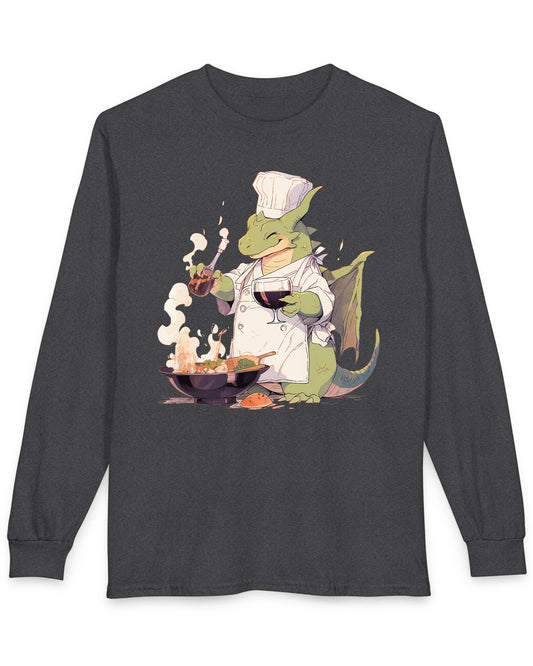 Culinary Magic shirt in dark heather featuring a happy dragon chef cooking with wine, wearing a white apron and hat