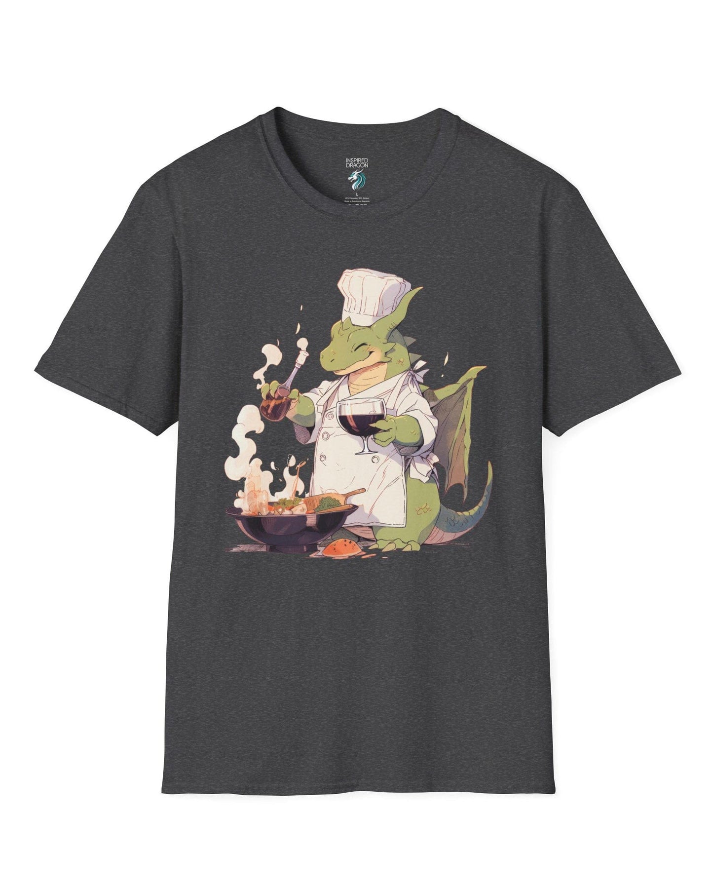 Culinary Magic shirt in dark heather grey featuring a happy dragon chef cooking with wine, wearing a white apron and hat.
