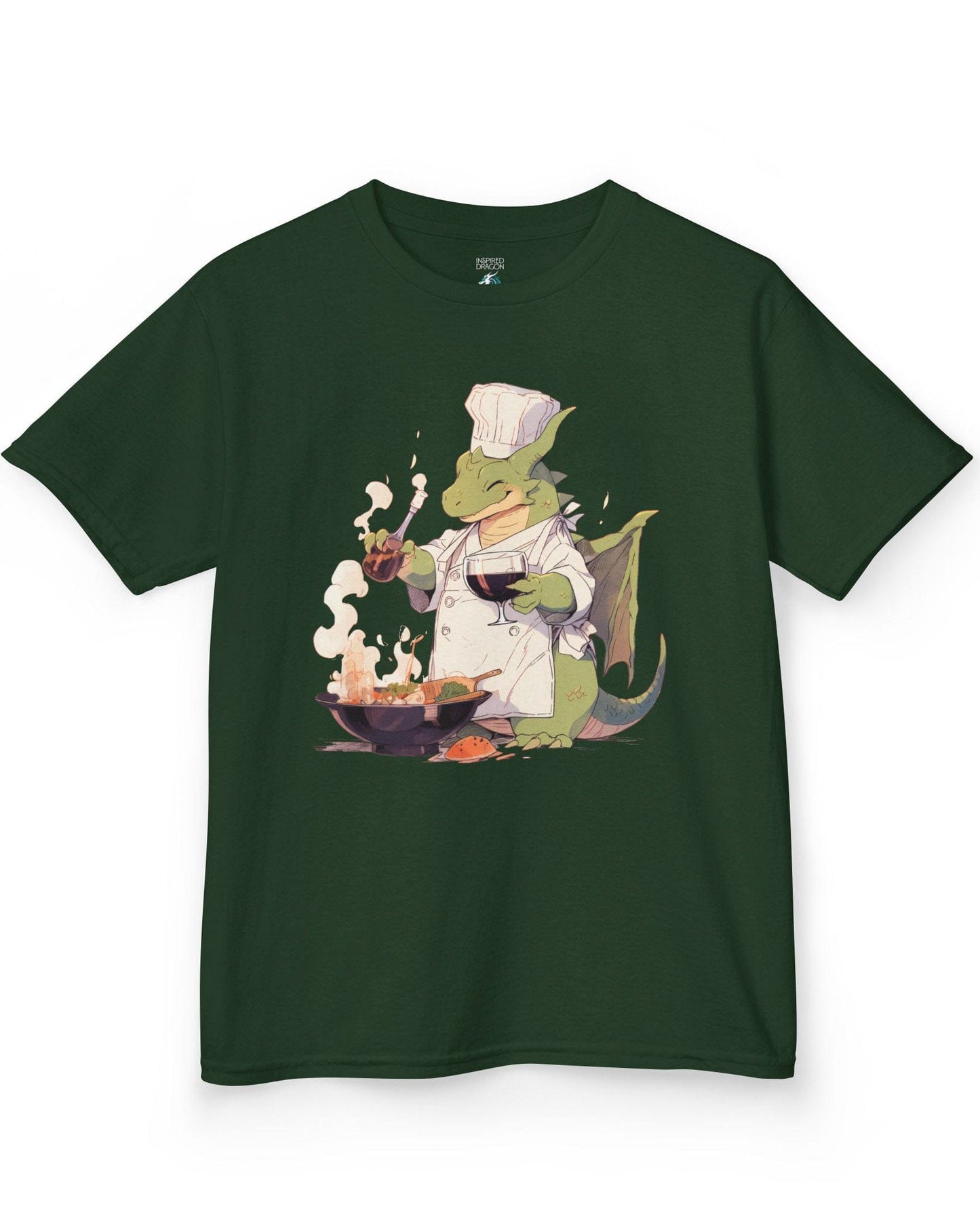 Culinary Magic shirt in forest green featuring a happy dragon chef cooking with wine, wearing a white apron and hat