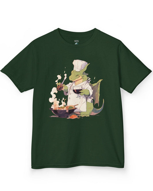 Culinary Magic shirt in forest green featuring a happy dragon chef cooking with wine, wearing a white apron and hat