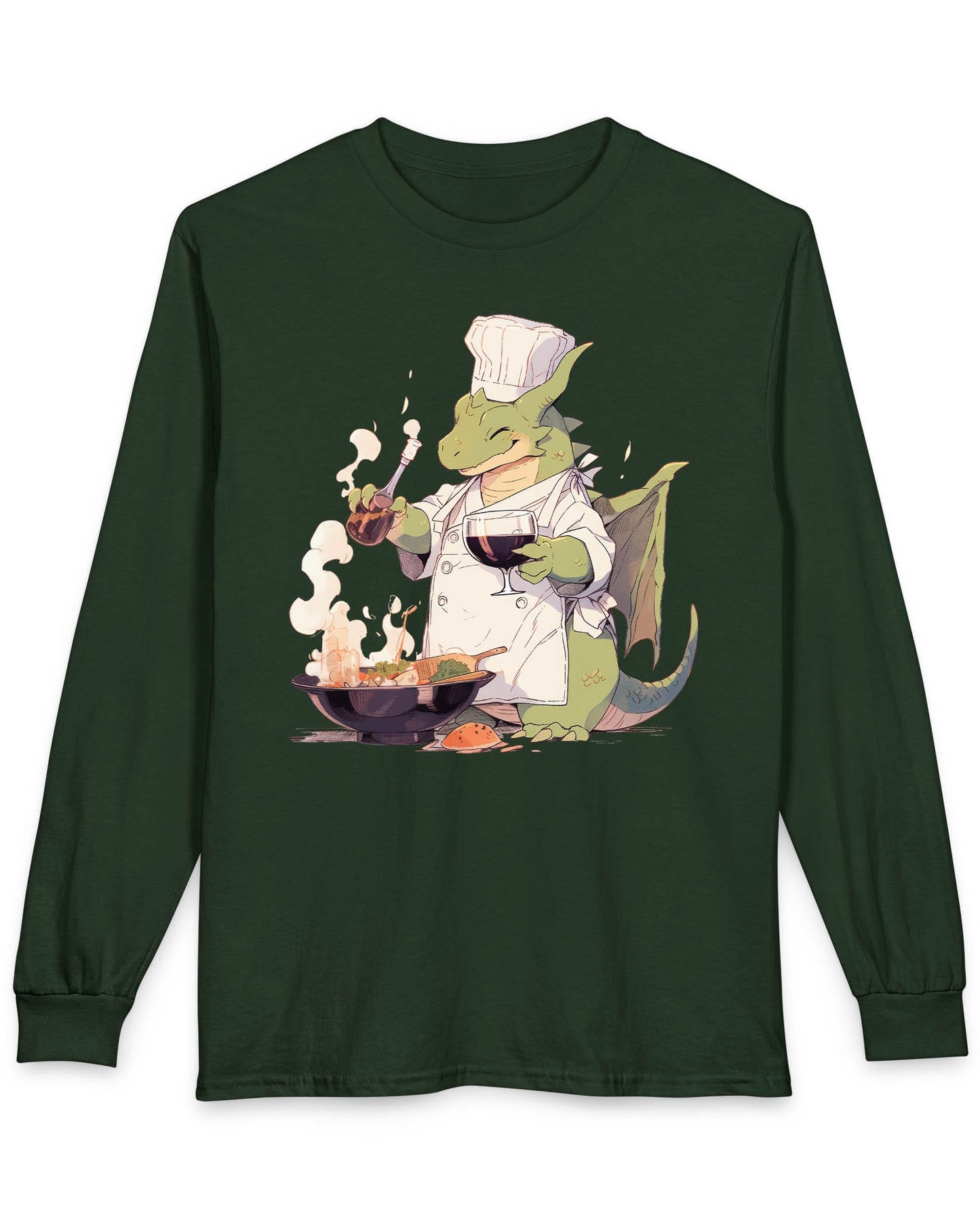 Culinary Magic shirt in forest green featuring a happy dragon chef cooking with wine, wearing a white apron and hat