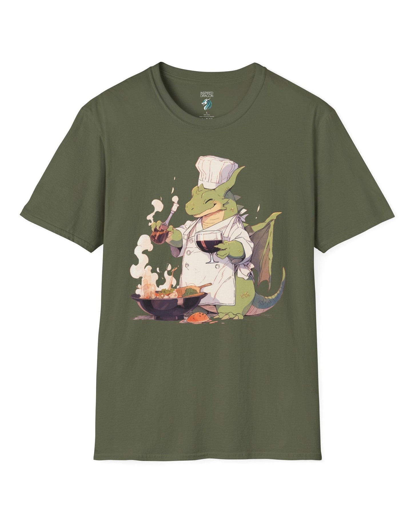 Culinary Magic shirt in military green featuring a happy dragon chef cooking with wine, wearing a white apron and hat.
