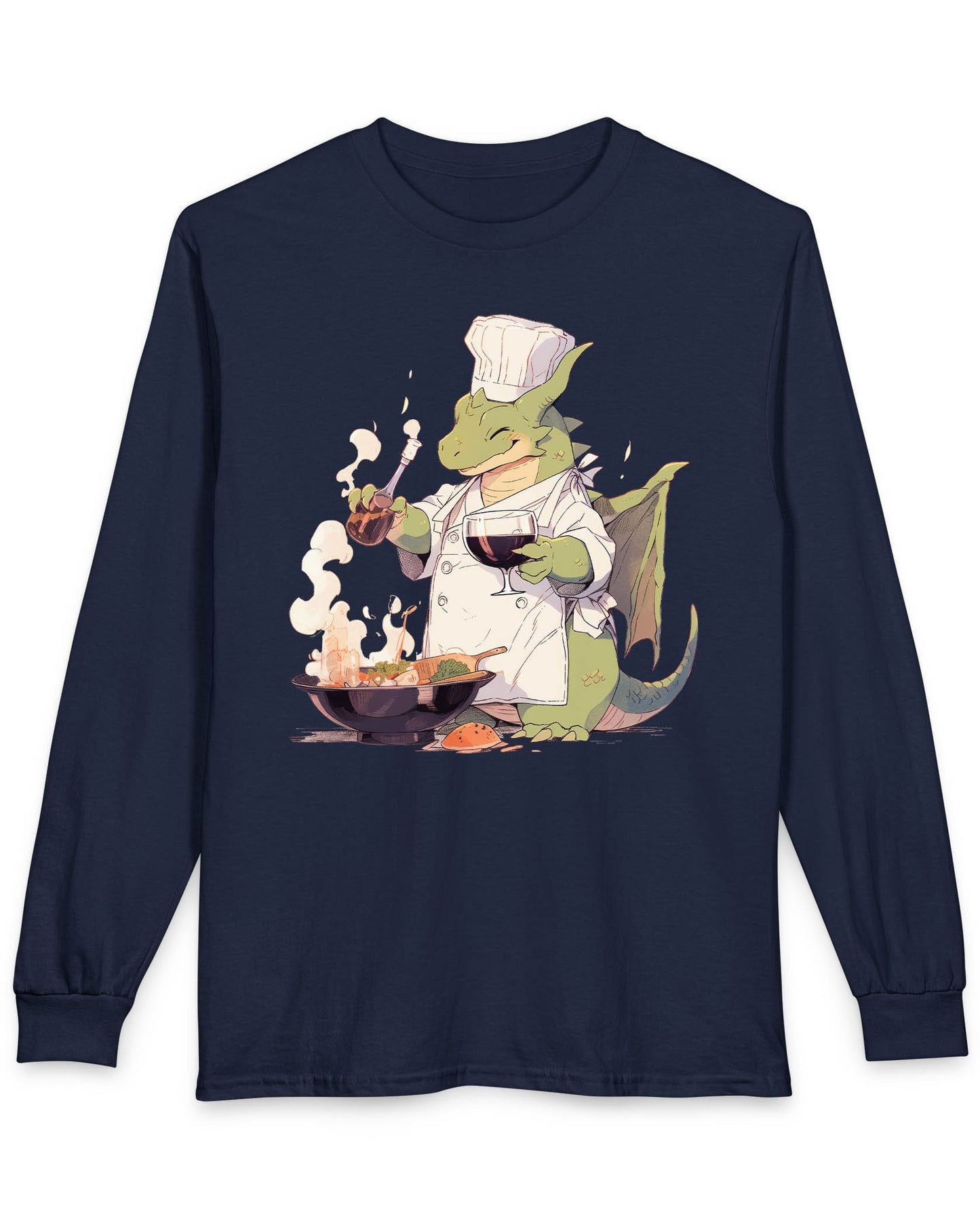 Culinary Magic shirt in navy featuring a happy dragon chef cooking with wine, wearing a white apron and hat