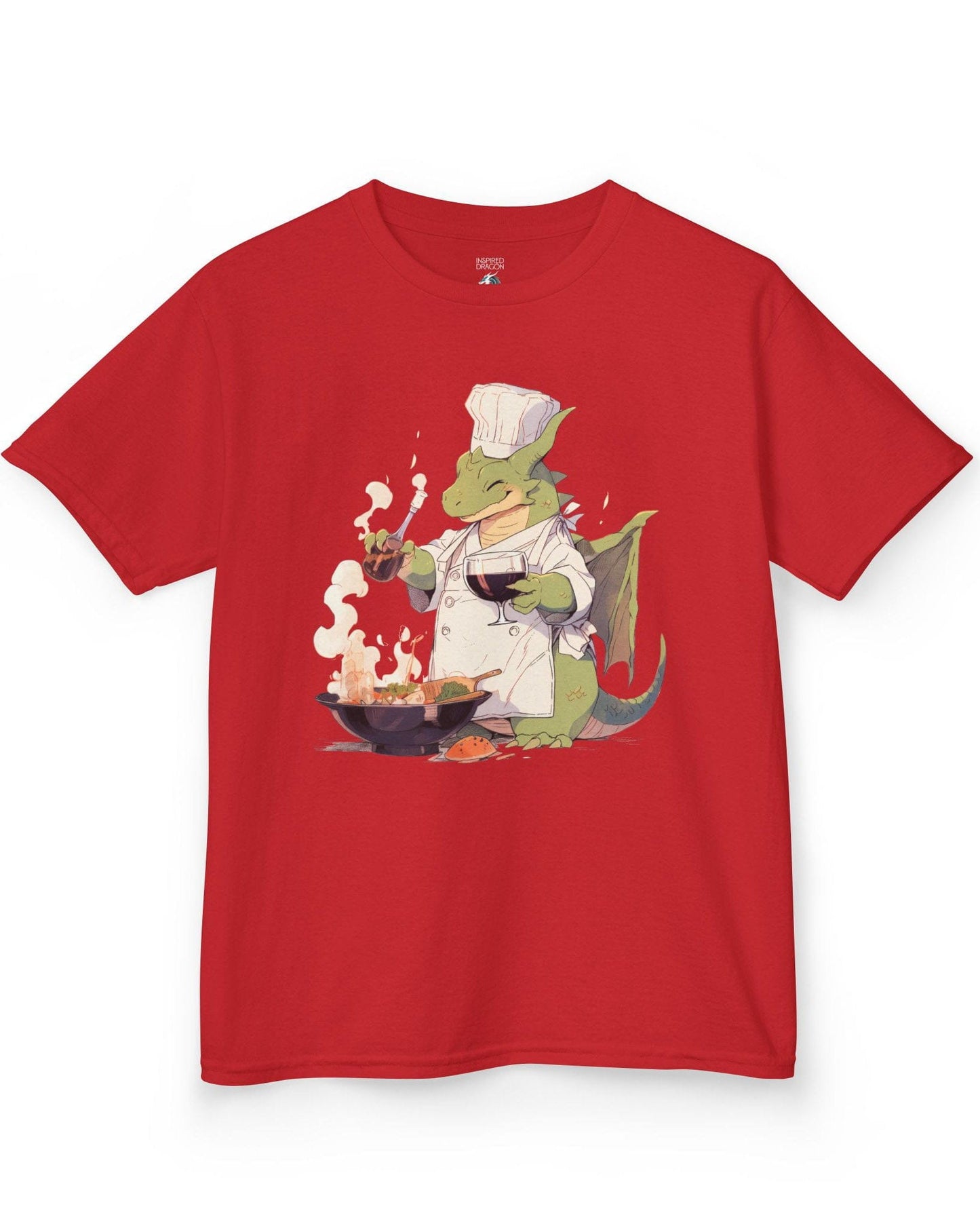 Culinary Magic shirt in red featuring a happy dragon chef cooking with wine, wearing a white apron and hat