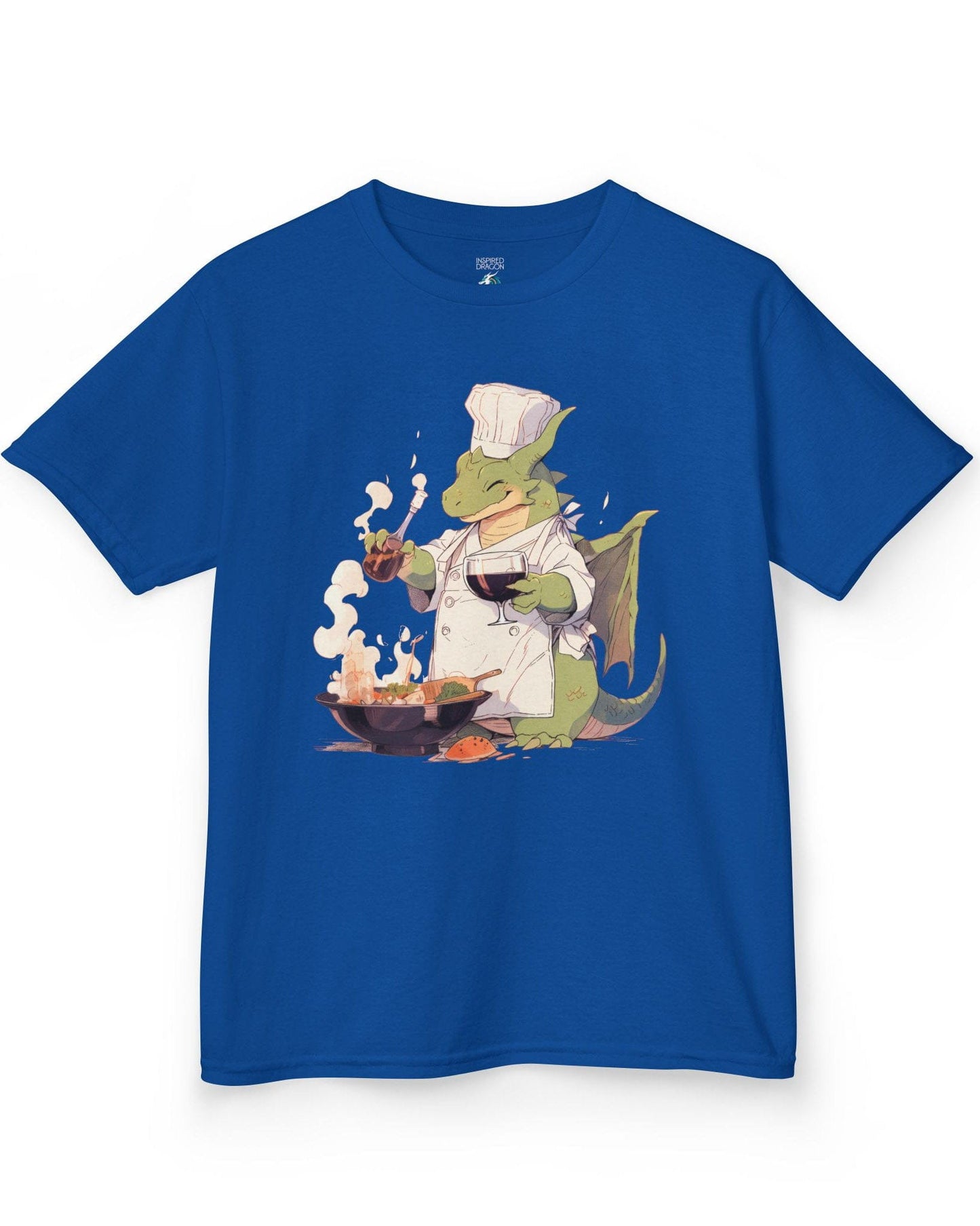 Culinary Magic shirt in royal blue featuring a happy dragon chef cooking with wine, wearing a white apron and hat