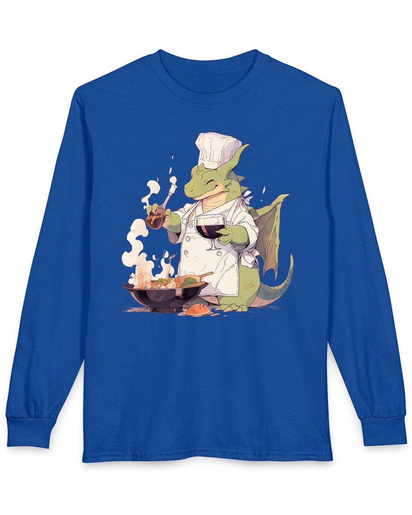 Culinary Magic shirt in royal blue featuring a happy dragon chef cooking with wine, wearing a white apron and hat