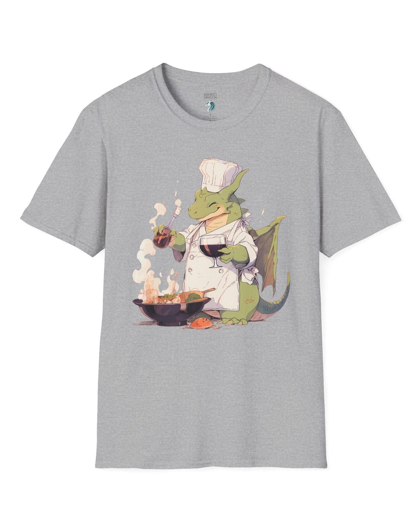 Culinary Magic shirt in sport grey featuring a happy dragon chef cooking with wine, wearing a white apron and hat.
