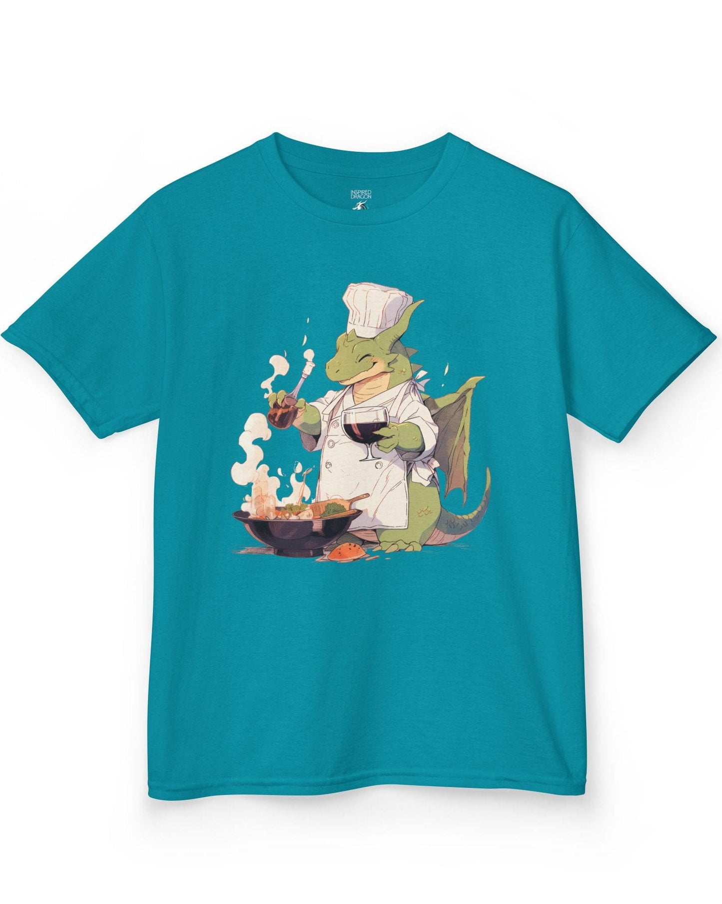 Culinary Magic shirt in tropical blue featuring a happy dragon chef cooking with wine, wearing a white apron and hat