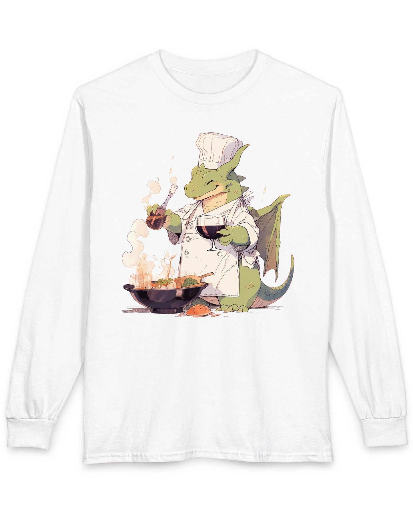 Culinary Magic shirt in white featuring a happy dragon chef cooking with wine, wearing a white apron and hat