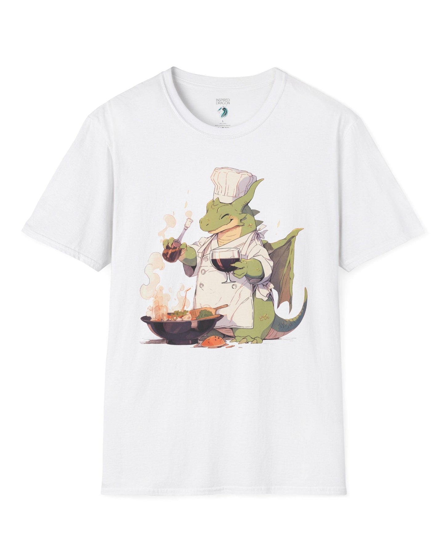 Culinary Magic shirt in white featuring a happy dragon chef cooking with wine, wearing a white apron and hat.
