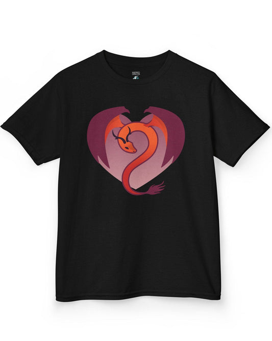Dragon Heart shirt in black, featuring a minimalist red and purple dragon curled into the shape of a heart.