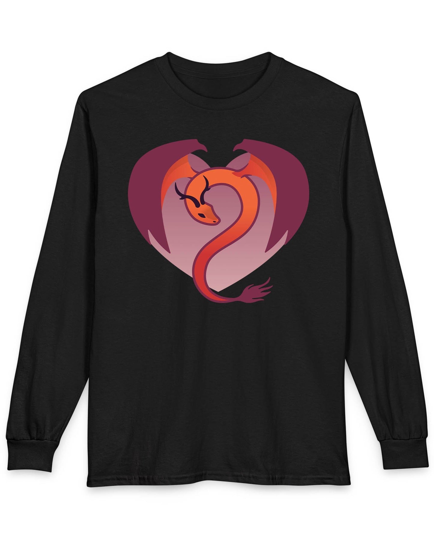Dragon Heart shirt in black, featuring a minimalist red and purple dragon curled into the shape of a heart.