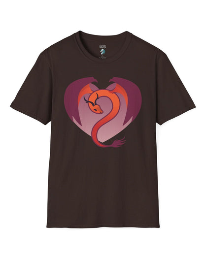 Dragon Heart shirt in dark chocolate, featuring a minimalist red and purple dragon curled into the shape of a heart.
