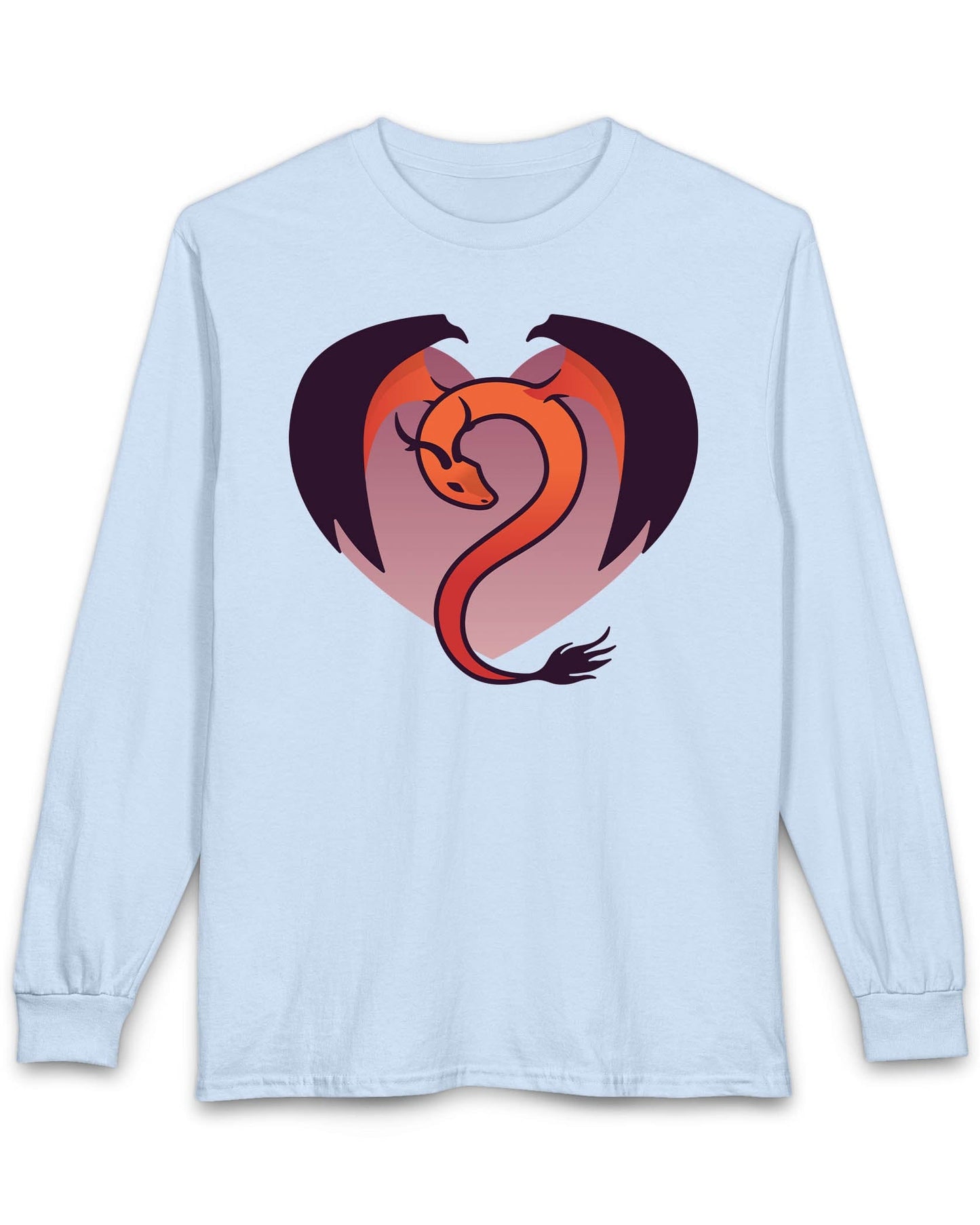 Dragon Heart shirt in light blue, featuring a minimalist red and purple dragon curled into the shape of a heart.